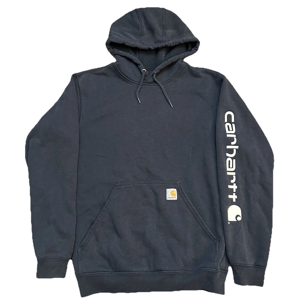 Carhartt Navy Blue Loose Fit Graphic Sleeve Logo Kangaroo Hoodie Size Small